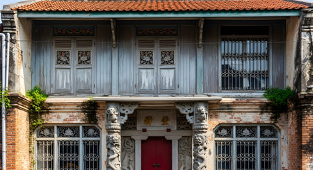 The facade of a historic two-story Chinese shophouse, featuring a red tiled roof, weathered wooden shutters, and intricate stone pillars carved into dragons. The architecture blends brick, wood, and detailed ornamentation, reflecting cultural heritage.の素材