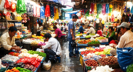 A vibrant and crowded outdoor market in Southeast Asia, depicted in a stylized, painterly effect. Shoppers and vendors are busy at stalls overflowing with colorful fresh fruits, vegetables, and hanging clothes.の素材