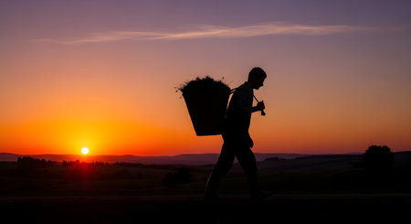 A striking silhouette of a farmer walking at sunset, carrying a large woven basket filled with harvest on his back. The warm, golden light of the setting sun creates a peaceful and nostalgic atmosphere over the rural landscape.の素材