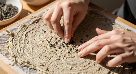 Close-up of a person's hands carefully sprinkling black sesame seeds onto a sheet of raw, textured dough or cracker bread. The scene suggests a process of making healthy, homemade, or artisanal food, with a bowl of seeds visible in the background.の素材
