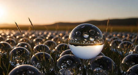 A field of reflective glass spheres at sunset, with one prominent orb in the foreground containing water droplets. The surreal scene combines nature with abstract elements, symbolizing environmental concepts, clarity, and alternate realities.の素材