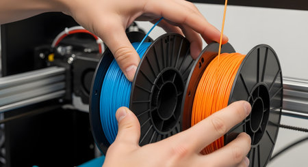 Close-up of a person's hands installing spools of blue and orange plastic filament onto a 3D printer. The focus is on the colorful filaments and the mechanical parts of the printer in the background. It represents modern manufacturing, prototyping, technology, and innovation.の素材