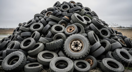 A large, imposing mound of discarded old tires piled up in a landfill or recycling yard under a grey, overcast sky. The weathered and worn tires represent pollution, waste, environmental issues, and the challenges of recycling and industrial disposal.の素材