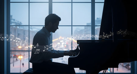 Silhouette of a man playing a grand piano in a room with a large window overlooking a city at dusk. Ethereal musical notes are illustrated flowing from the piano, symbolizing the music being created. The scene is atmospheric, conveying passion, creativity, and the art of music.の素材