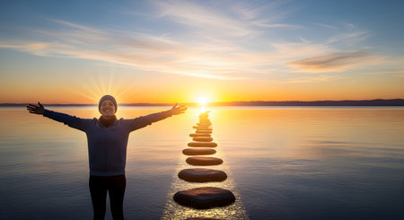 An inspirational image of a happy woman with arms outstretched, standing at the beginning of a path of stepping stones leading across calm water towards a brilliant sunrise. The scene represents a journey, new beginnings, success, and spiritual wellness.の素材