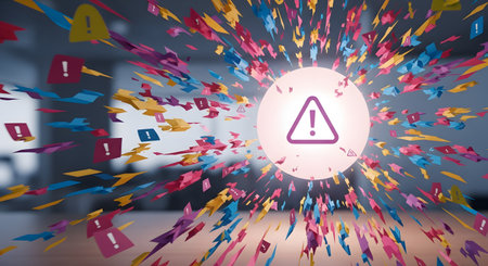 An abstract visualization of information overload, featuring a central warning triangle icon exploding outwards into countless smaller alert symbols. The colorful and chaotic scene represents concepts like digital spam, system errors, or constant notifications.の素材