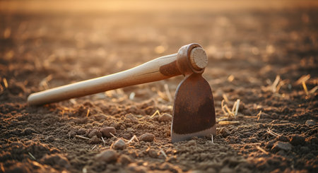 A traditional garden hoe with a wooden handle is left standing upright in freshly tilled, rich brown soil. The low-angle shot is captured during the golden hour of sunrise or sunset, casting a warm glow over the scene. The image symbolizes agriculture, manual labor, preparation for planting, and a connection to the earth.の素材