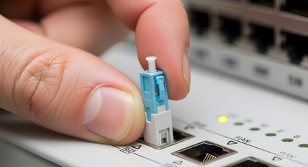 A close-up macro shot of a technician's hand inserting a blue fiber optic patch cord into a port on a network switch. The image highlights the process of establishing a high-speed data connection in a server room or data center.の素材