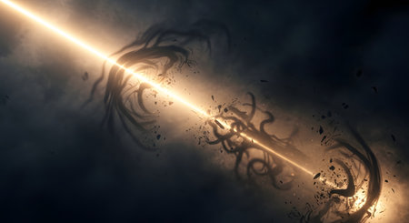 An intense beam of golden light pierces through a dark, smoky void, clashing with shadowy, tentacle-like forms. Debris and particles explode at the point of impact, creating a dramatic and powerful scene. The image represents concepts of good versus evil, order versus chaos, conflict, and breakthrough.の素材