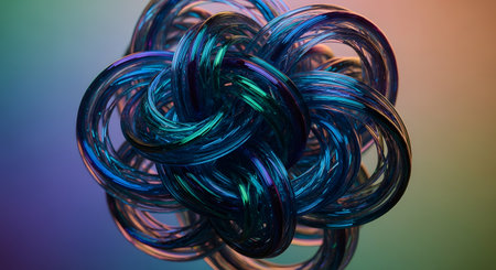 A complex, interwoven 3D knot structure with an iridescent, glassy texture floats against a soft-focus gradient background. The vibrant blue, purple, and green colors shift with the light, creating a dynamic and futuristic visual. This abstract image represents concepts of complexity, connection, infinity, and technology.の素材