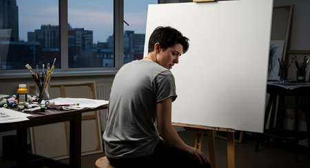 An artist with short dark hair sits in their dimly lit studio, looking thoughtfully at a large blank canvas on an easel. This scene portrays the struggle of a creative block, with art supplies on a nearby table and a city view from the window.の素材