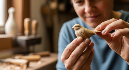 A craftsman holds up a small, intricately carved wooden bird, admiring their handiwork with a gentle smile. The background shows a cozy workshop with carving tools, highlighting the art of woodcarving and the satisfaction of creating.の素材