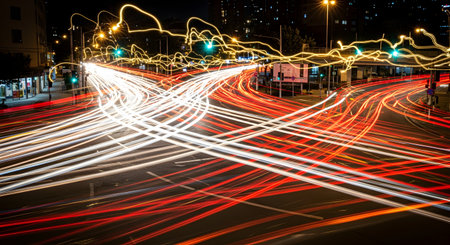 A long exposure photograph of a busy city intersection at night, capturing the vibrant red and white light trails of moving vehicles. The image illustrates the concepts of speed, urban energy, and the constant motion of modern life.の素材