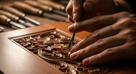Close-up of a craftsman's hands using a carving tool to create a detailed floral pattern on a wooden surface. The image highlights the skill, precision, and artistry of traditional woodworking and engraving.の素材