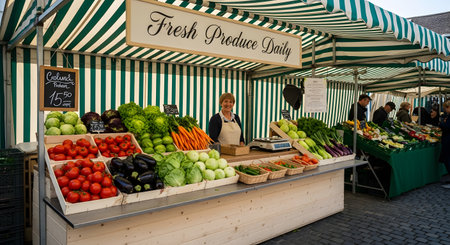 A smiling female vendor stands behind a colorful display of fresh vegetables at an outdoor farmers' market. The stall has a green and white striped awning and a sign that reads 'Fresh Produce Daily', offering items like tomatoes, lettuce, and carrots.の素材