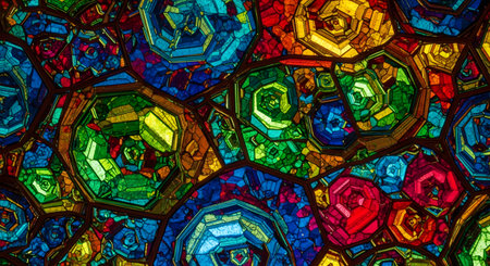 A close-up, abstract background of a brightly colored stained glass window. The intricate pattern features geometric shapes and a wide spectrum of vibrant colors, creating a dazzling and artistic visual texture.の素材