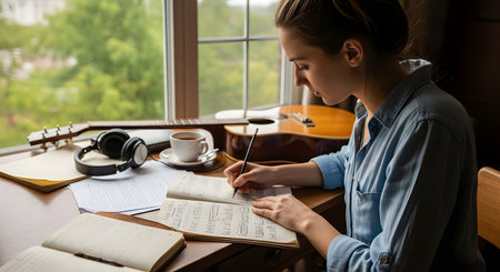 A focused young woman sits at a wooden desk by a window, writing musical notes in a composition book. An acoustic guitar, headphones, and a cup of coffee are nearby, creating a cozy and creative atmosphere for a songwriter or musician at work.の素材