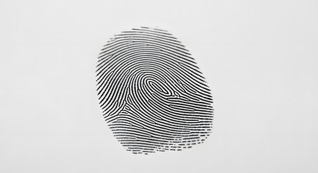 A macro shot of a single black ink fingerprint on a textured white paper background. The detailed ridges and whorls of the thumbprint are clearly visible, representing concepts of identity, security, and forensics.の素材
