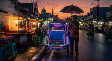 A smiling becak (pedicab) driver holds an umbrella next to his colorfully lit vehicle on a busy street in an Indonesian city at dusk. In the background, street food stalls are active and a mosque is visible against the twilight sky, capturing the vibrant atmosphere of local life.の素材