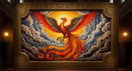 A magnificent mosaic artwork depicting a majestic phoenix with wide-spread red and orange wings against a swirling, cloudy sky. The intricate piece is housed in a large, ornate golden frame, symbolizing rebirth, immortality, and mythical power.の素材