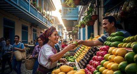 A vibrant and authentic scene at a bustling outdoor fruit market, where a smiling vendor sells fresh produce to an elderly woman in colorful traditional attire. The stall is laden with a variety of exotic and colorful fruits, capturing a moment of happy community interaction.の素材