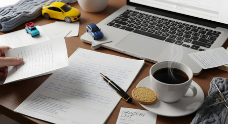 A cozy and cluttered desk scene featuring a person reviewing handwritten letters, with a laptop, a steaming cup of coffee, and toy cars nearby. The setting suggests a comfortable work-from-home environment, writing, or creative planning.の素材