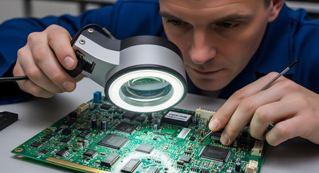 A focused technician uses a magnifying lamp with a bright light to inspect a complex green printed circuit board (PCB). He carefully examines the electronic components, using a pointed tool for precision work in a repair or manufacturing setting.の素材