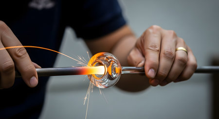 A craftsman's hands carefully shape a piece of molten, glowing glass on the end of a blowpipe, with bright orange sparks flying off. The process highlights the intense heat and skill involved in the traditional art of glassblowing.の素材