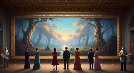 A group of elegantly dressed people stands in a classical art museum, observing a massive, luminous painting of a magical forest at sunrise. This scene contrasts the real world with the world of art, representing cultural appreciation, wonder, and immersion.の素材