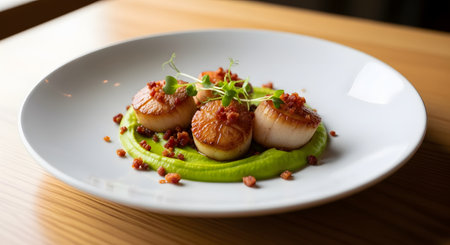 A gourmet dish of perfectly seared sea scallops is elegantly presented on a swirl of vibrant green pea puree. The dish is garnished with crispy bacon bits and fresh microgreens, served on a white plate in a fine dining restaurant.の素材