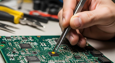 A macro shot of an electronics technician's hand using precision tweezers to place or repair a microchip on a green printed circuit board (PCB). The image emphasizes detail, technology, and the intricate work of electronics manufacturing and repair.の素材