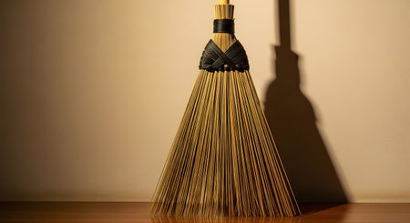 A traditional straw broom with a wooden handle and black binding stands against a plain wall, casting a distinct shadow. The simple, minimalist composition highlights themes of cleaning, domesticity, tradition, and simplicity.の素材