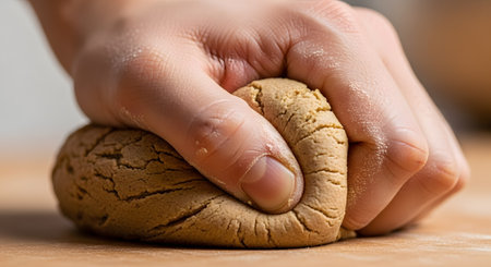 A close-up shot of a hand firmly kneading a ball of whole wheat or gingerbread dough on a wooden surface. The pressure from the fist creates cracks in the dough's texture, highlighting the process of baking preparation.の素材