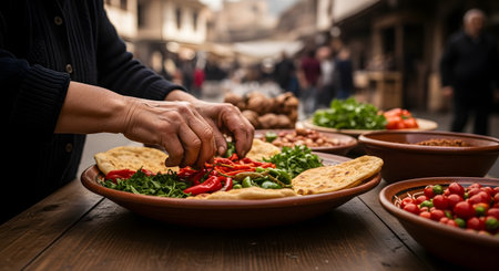 A person's hands are carefully arranging fresh vegetables and flatbread on a large earthenware platter. The scene is set on a wooden table in an outdoor market, suggesting traditional, communal dining and fresh ingredients.の素材