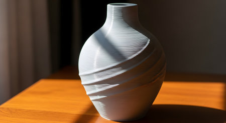 A modern, light blue vase created with a 3D printer, sitting on a wooden table in natural sunlight. The characteristic layered texture of the 3D printing process is clearly visible, showcasing modern technology and design.の素材