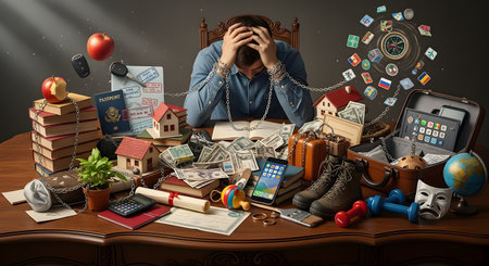 A stressed and overwhelmed man sits at a cluttered desk with his head in his hands, literally bound by chains to numerous objects. These items, including money, a house, a passport, and books, symbolize the crushing weight of modern life's burdens, debt, and materialism.の素材