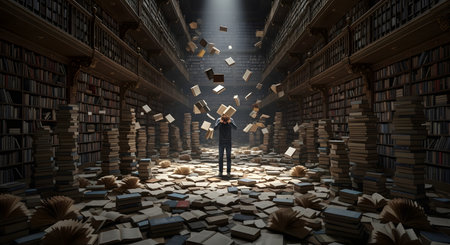 A surreal image of a man standing in the center of a vast, classic library, surrounded by towering stacks of books and thousands of books flying through the air. The scene depicts concepts of information overload, knowledge, learning, or chaos.の素材