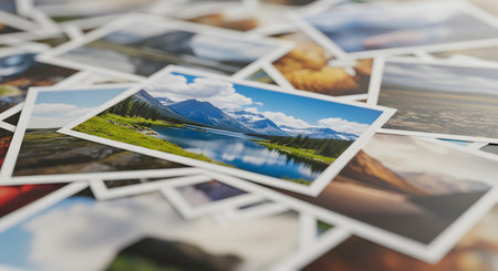A scattered pile of printed photographs, with the topmost picture of a scenic mountain lake in sharp focus. The collection of images represents memories, travel, nostalgia, and the art of photography.の素材