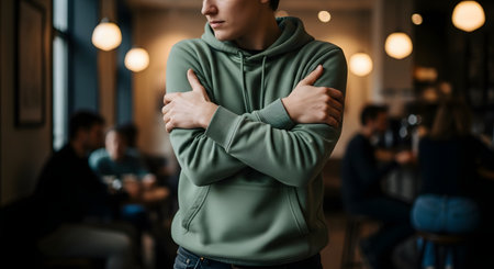 A young man wearing a green hoodie stands with his arms crossed defensively, showing an expression of anxiety, discomfort, or coldness. He is in a softly lit cafe with other people blurred in the background, conveying feelings of social anxiety or loneliness.の素材