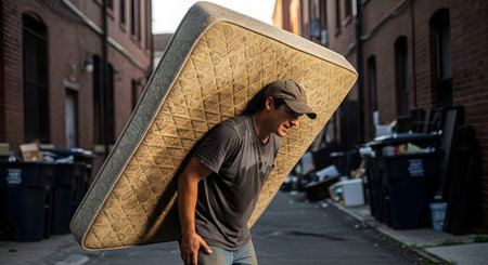 A man strains while carrying a heavy, old mattress on his back through a gritty urban alleyway lined with trash cans. The image depicts hard physical labor, the burden of moving, and determination in a tough environment.の素材