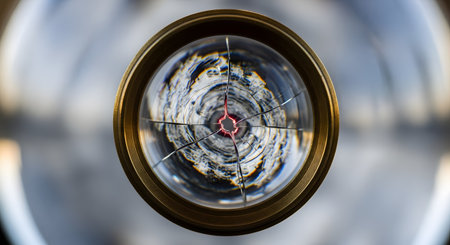 An abstract, futuristic macro view through a round lens or scope that is cracked and damaged. In the center, a red light glows, creating a sense of danger, a critical failure, or a target within a damaged system.の素材