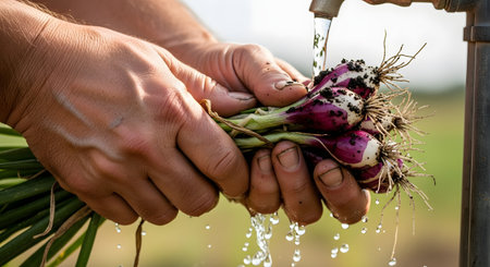 A close-up shot of a farmer's dirt-stained hands washing a bunch of freshly picked red spring onions under a stream of water from an outdoor tap. The image conveys concepts of farm-to-table, fresh produce, organic farming, and harvest.の素材