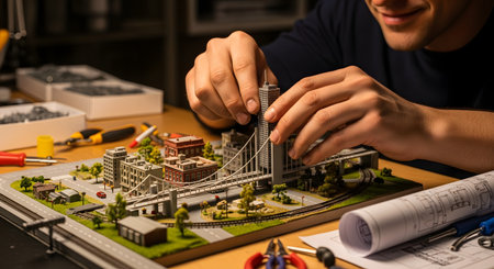 A close-up of a smiling man's hands carefully placing a skyscraper onto a detailed architectural model of a city. The diorama includes buildings, roads, and a bridge, representing architecture, urban planning, and meticulous craftsmanship.の素材