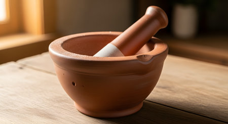 A traditional terracotta mortar and pestle sits on a rustic wooden table in a warmly lit kitchen. The earthenware tool is used for grinding spices and herbs, representing traditional cooking methods and authentic cuisine.の素材