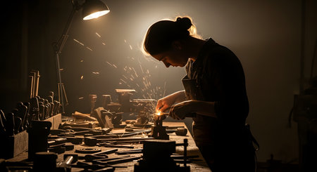 A focused female artisan in a dark workshop, illuminated by a desk lamp, works meticulously on a small metal object, creating a shower of sparks. Her workbench is filled with various hand tools, conveying skill, craftsmanship, and dedication.の素材