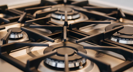 A detailed close-up of a modern gas stove cooktop, featuring stainless steel construction and heavy-duty cast iron grates over the burners. The clean and powerful appliance represents cooking, kitchen design, and home culinary equipment.の素材