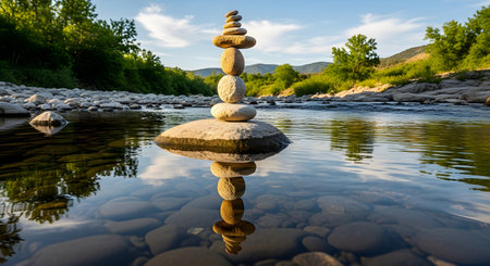 A tower of stones is perfectly balanced on a rock in a calm, clear river, creating a flawless reflection in the water. This serene nature scene, known as a stone cairn, represents zen, balance, harmony, patience, and mindfulness.の素材