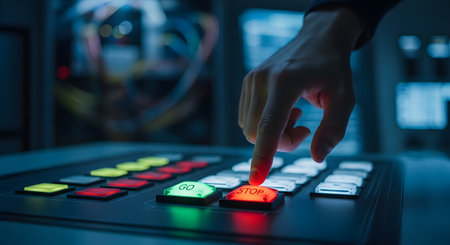 A close-up of a finger pressing a glowing red 'STOP' button on a high-tech industrial control panel. The action represents making a critical decision, initiating an emergency stop, or halting a process, symbolizing control and safety.の素材