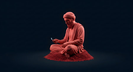 A 3D render of a terracotta-colored statue depicting an ancient, bearded wise man in a turban, sitting cross-legged and intently using a glowing modern smartphone. The image creates a stark contrast between ancient wisdom and modern technology.の素材