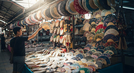 A young man browses a vibrant market stall filled with a large assortment of colorful, traditional Asian hand fans. He is examining one of the fans, representing tourism, local culture, shopping for souvenirs, and traditional crafts.の素材